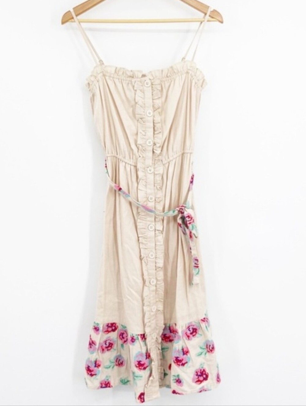 Pampelone Cotton Linen Beige Belted Dress Embroidered Pink Flowers - Small